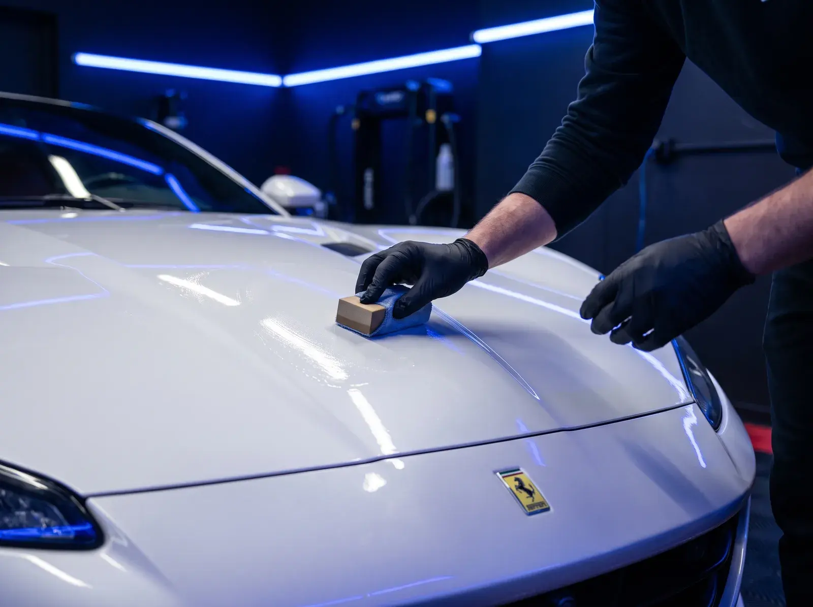Detailer polishing the door of a black Porsche 911 during a full detail at Auto Perfection Services in St. Louis